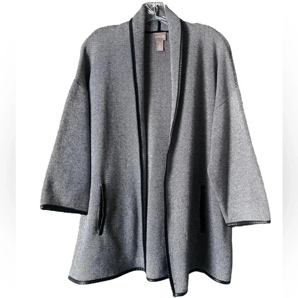 CHICO’S | Black & White Knit Leather Trim Drape Front Cotton Cape Jacket Size 2 - Picture 1 of 9